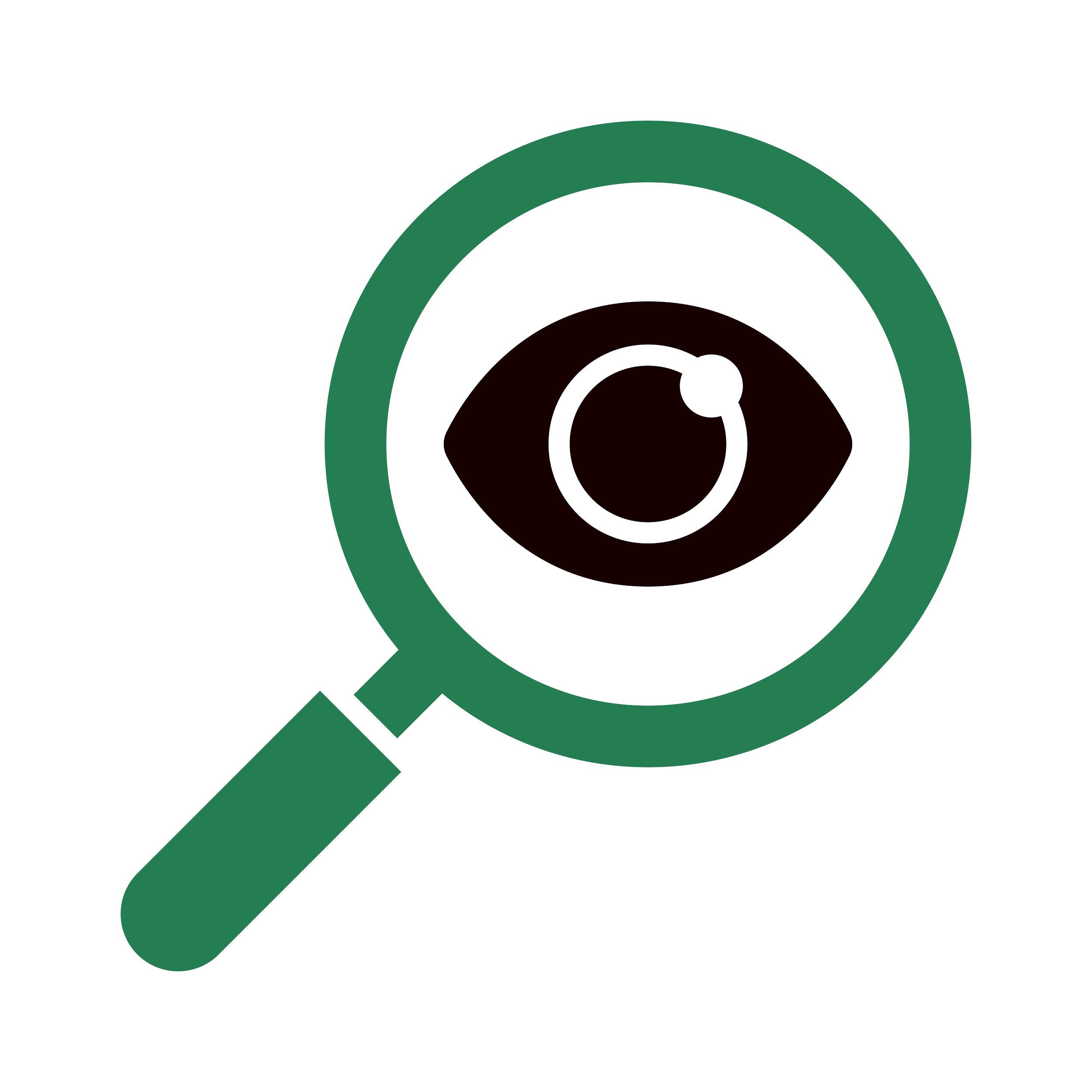 Top view of a magnifying glass focusing on an eye with a circular iris and pupil