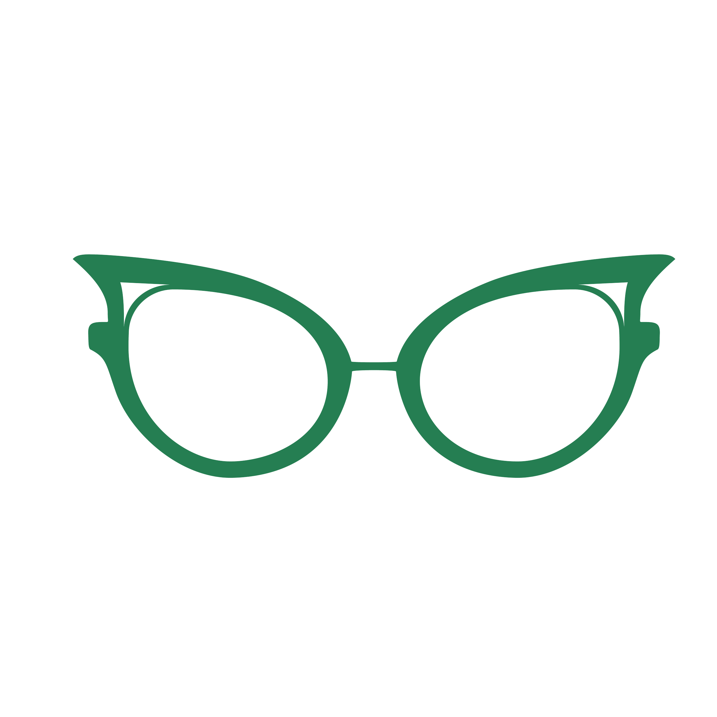 Simple illustration of a pair of green eyeglasses with a cat-eye shape.