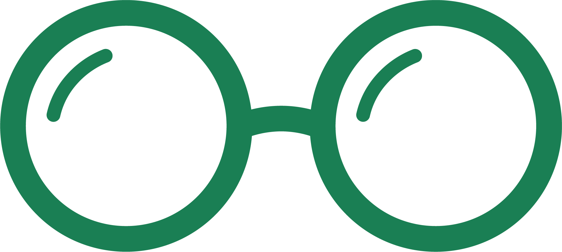 A simple illustration of a pair of green eyeglasses with circular lenses.