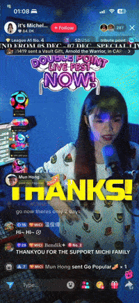 A young girl with long dark hair holding a microphone on a live streaming video, with animated graphics and text overlay including 'THANKS!' and promotional messages for a live festival event.