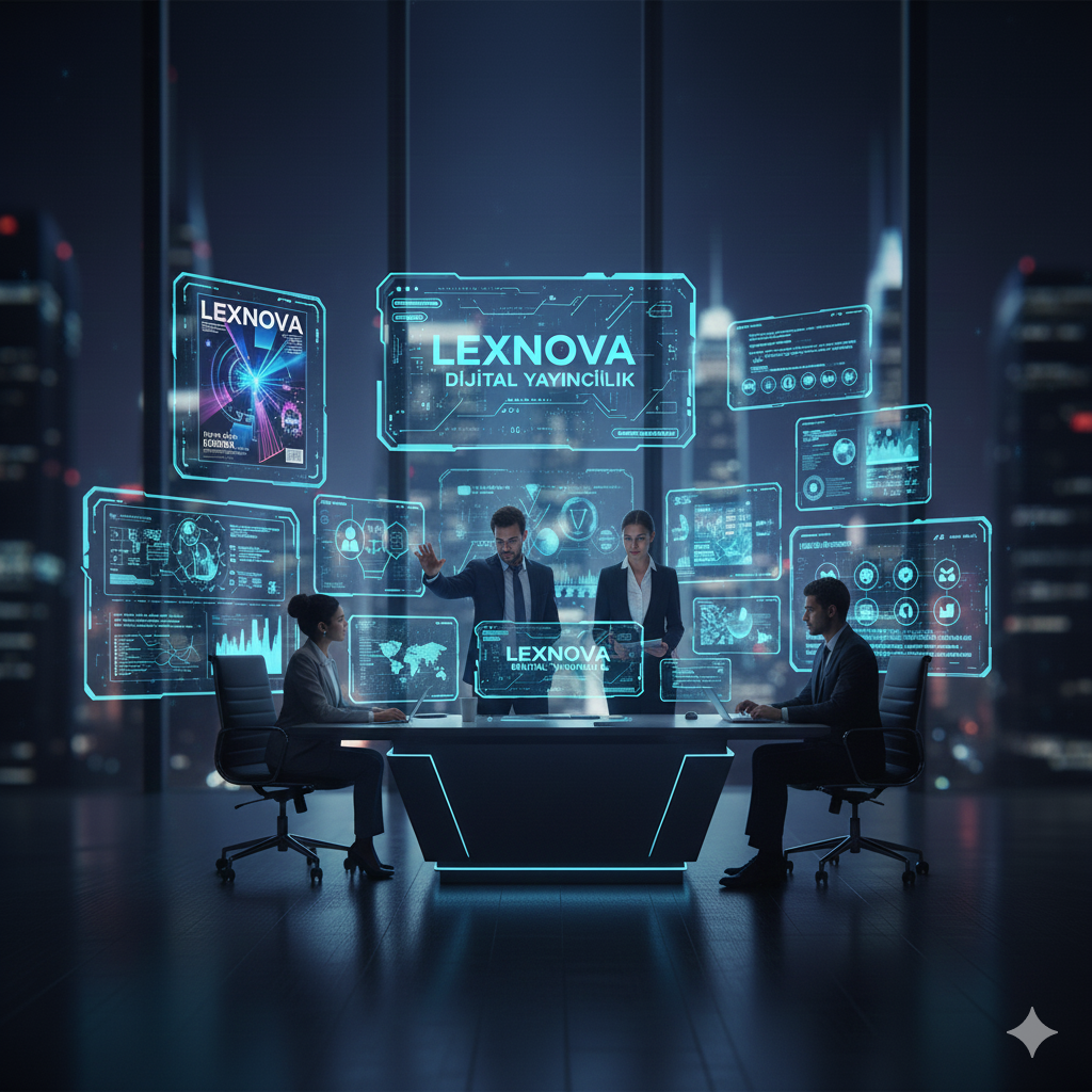 Dijital toplantı ortamında, holografik ekranlar ve gösterge tablolarıyla çalışan dört kişi, ofis ortamında olmak üzere, bilgisayarlar ve teknoloji ürünleriyle çevrili. Bir masa etrafında oturuyorlar, biri konuşuyor ve diğerleri dinliyor, şehir ışıkları arka planda görünmekte.