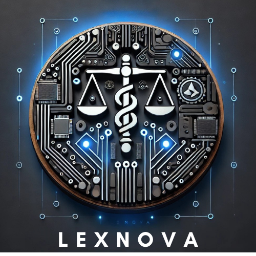 Dijital tasarımda bir devre kartı şeklinde yapay zeka ve blockchain sembolleri içeren yuvarlak logo, LEXNOVA markası ile çevrili.