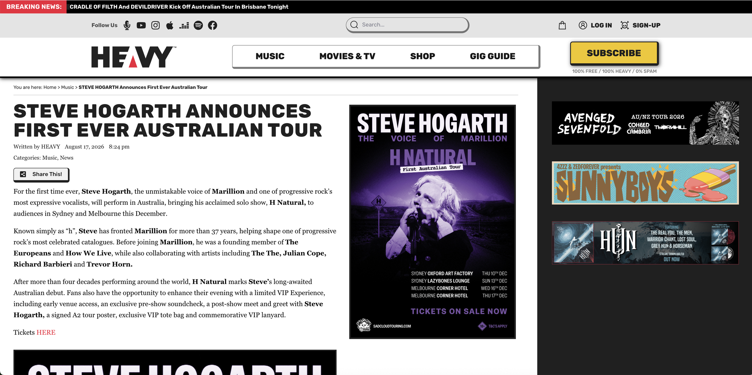 Heavy Magazine - Steve Hogarth Australian Tour article