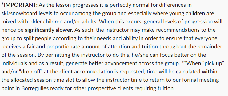 Text explaining variations in ski/snowboard levels among groups, importance of tailored instruction, and logistics for pickup and drop off.