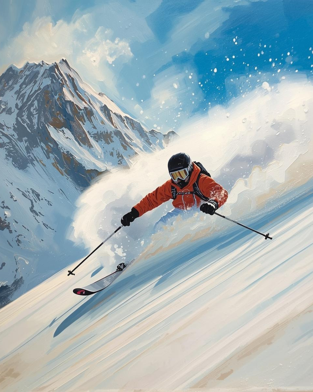 A skier wearing an orange jacket, black helmet, and goggles skiing down a snowy mountain slope with a mountain in the background and snow spray behind him.