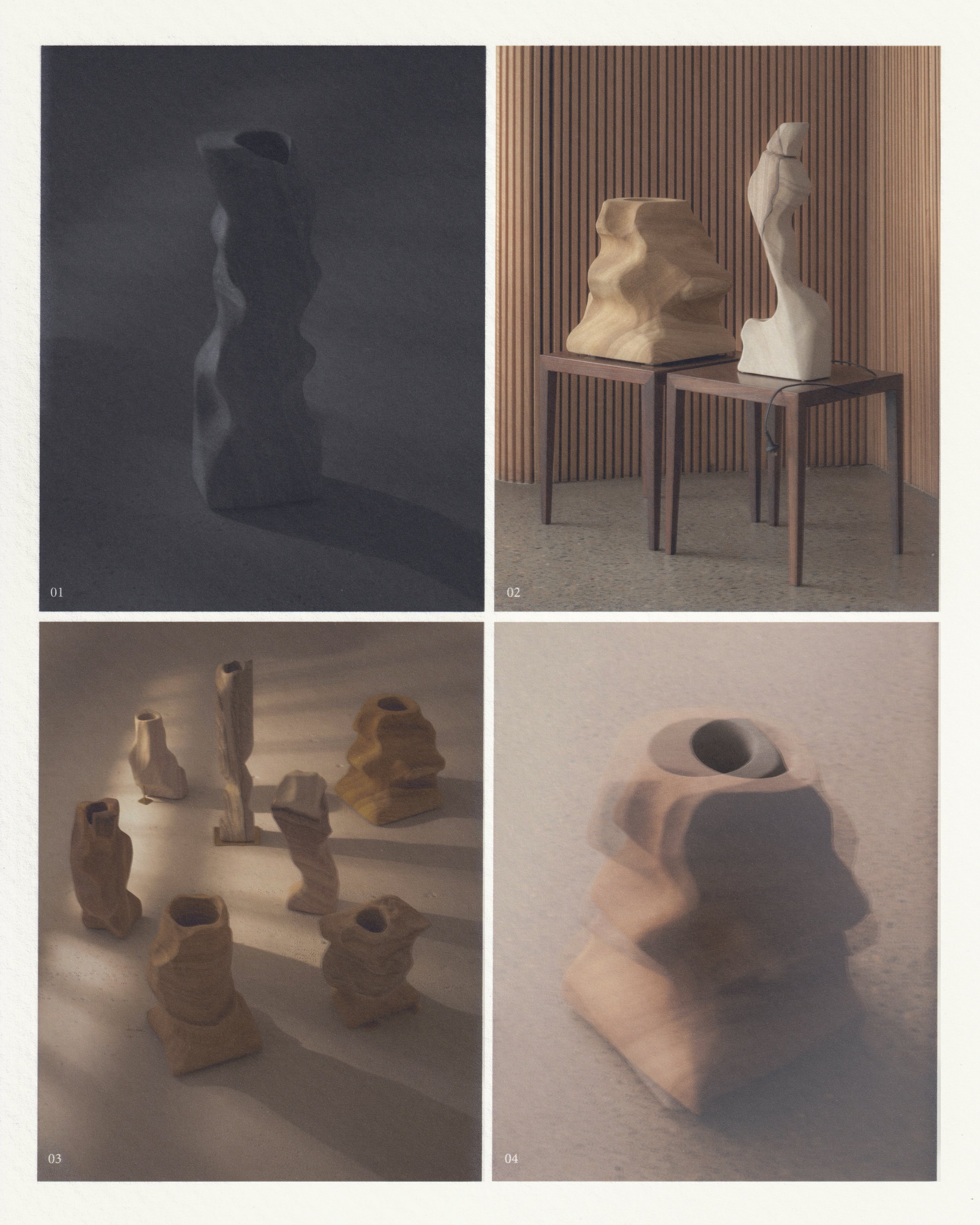 Collection of abstract wooden sculptures and carvings on display, with some placed on tables and others on the floor.