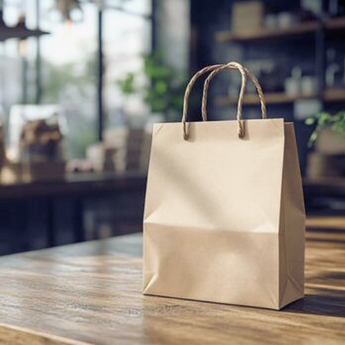 A plain brown paper shopping bag with twisted paper handles on a wooden table inside a store or cafe.