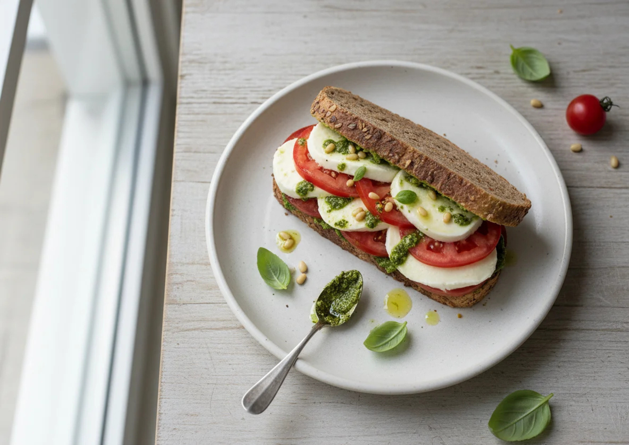 Caprese sandwich on a white plate with basil leaves, pine nuts, and green pesto drizzled around on a wooden table.