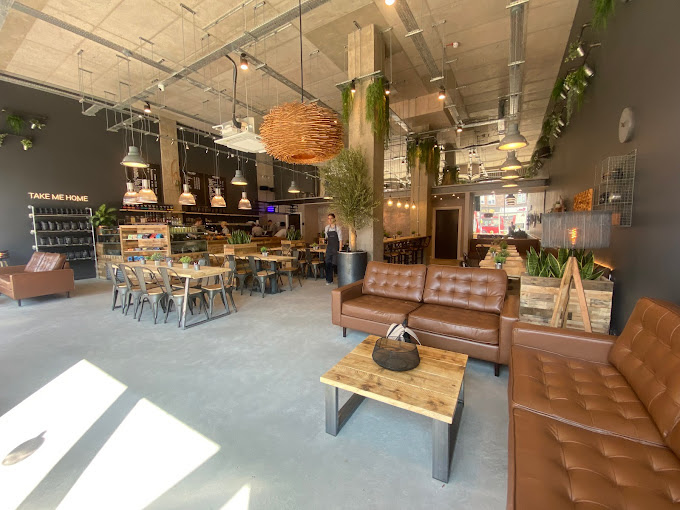 Modern coffee shop with brown leather couches, wooden tables, hanging plants, and industrial decor.
