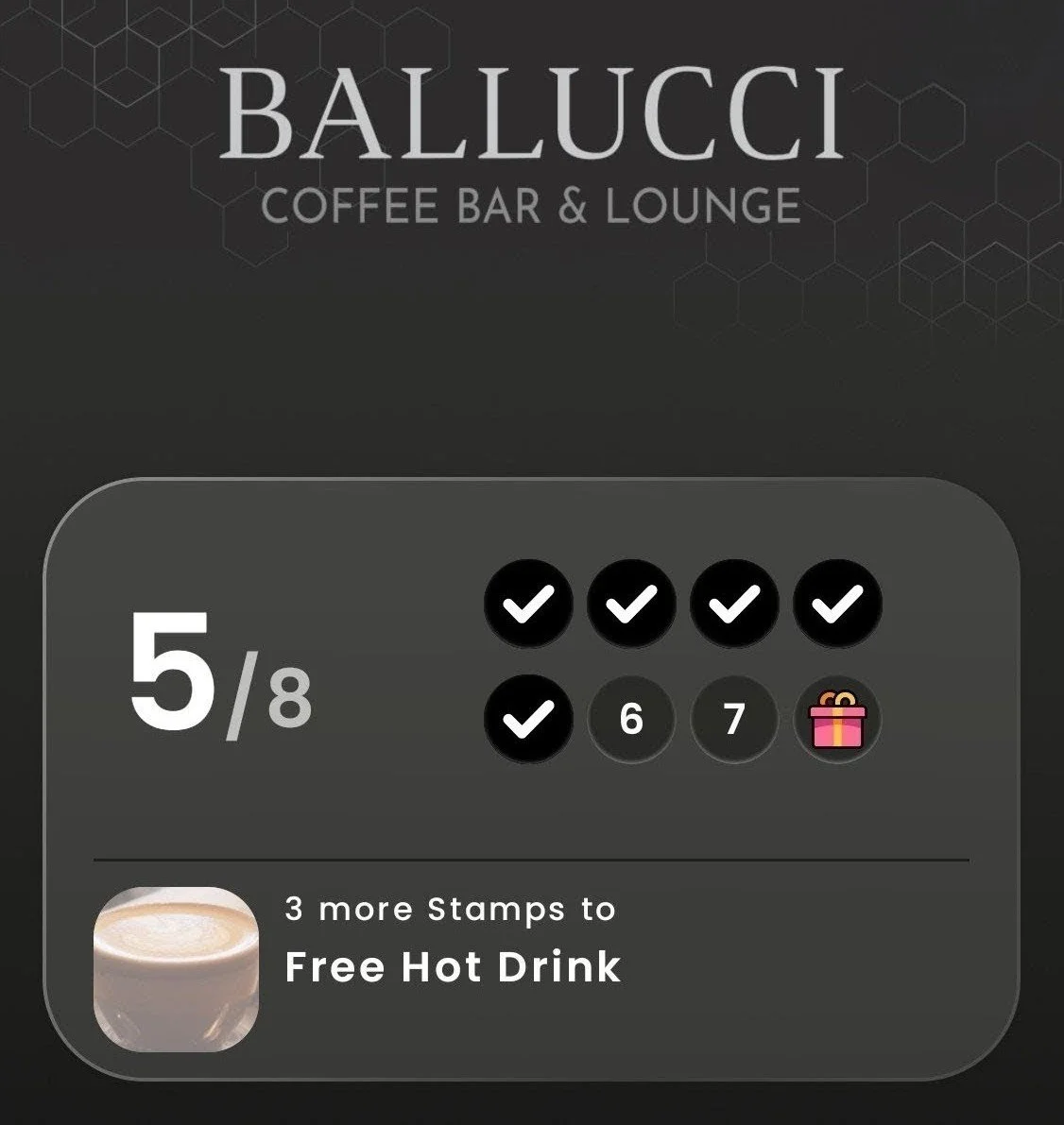 Loyalty card from Ballucci Coffee Bar & Lounge showing a 5 out of 8 stamp progress, with 4 stamps marked, and a note offering 3 more stamps for a free hot drink.