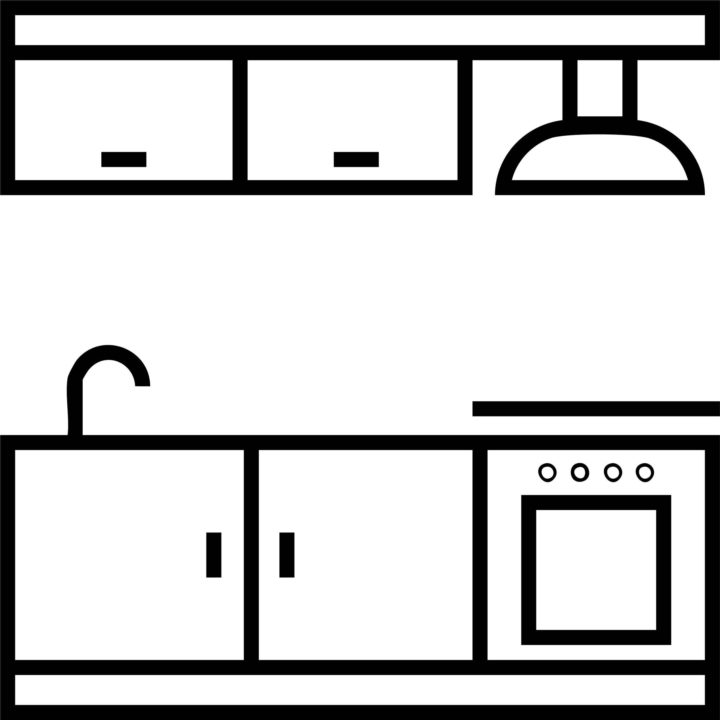 Outline drawing of a kitchen countertop with cabinets, a sink, a faucet, and a stove.