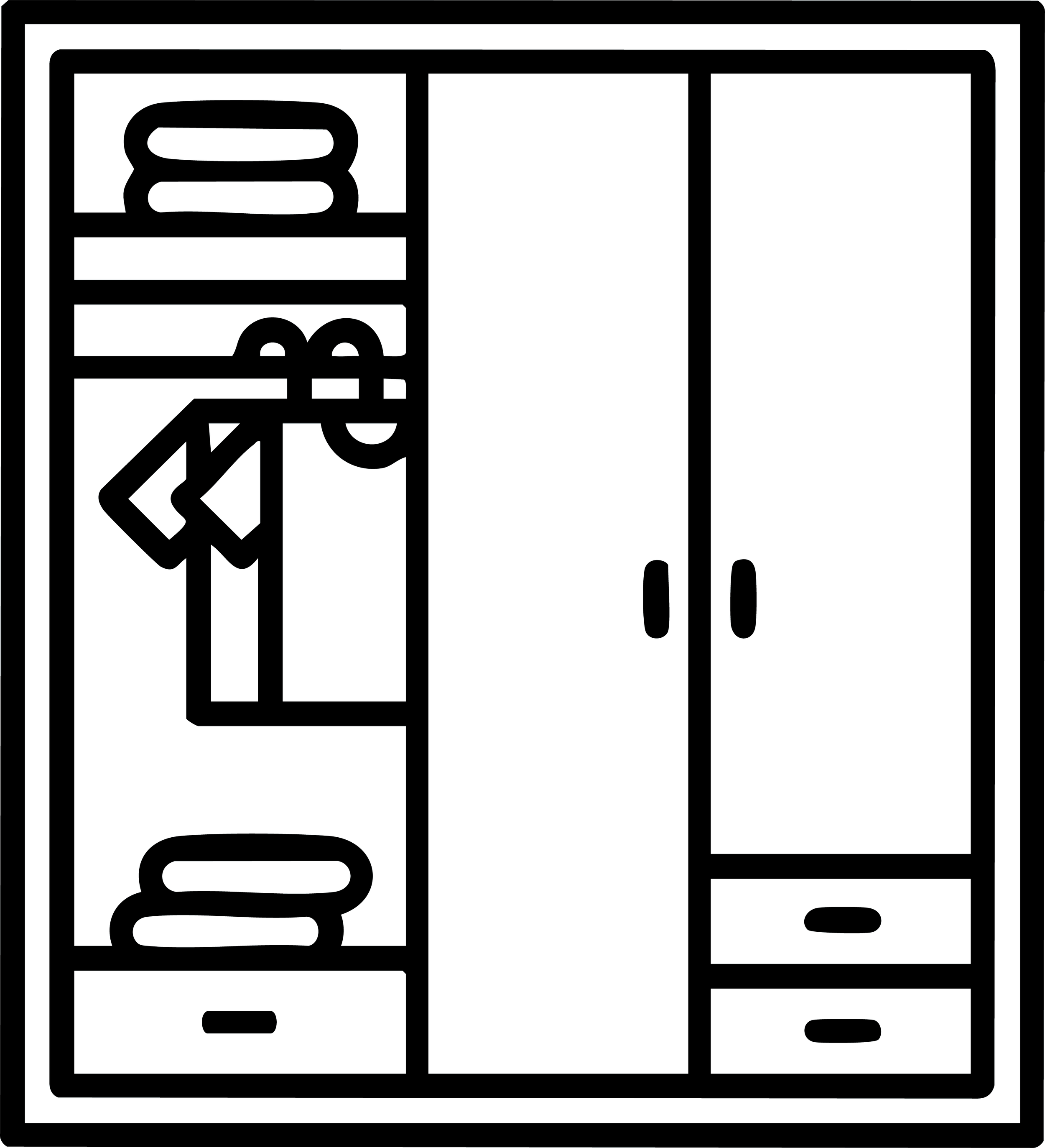 Outline of a black wardrobe with two doors in the center, two small drawers at the bottom, and multiple compartments on the left side for clothes and accessories.