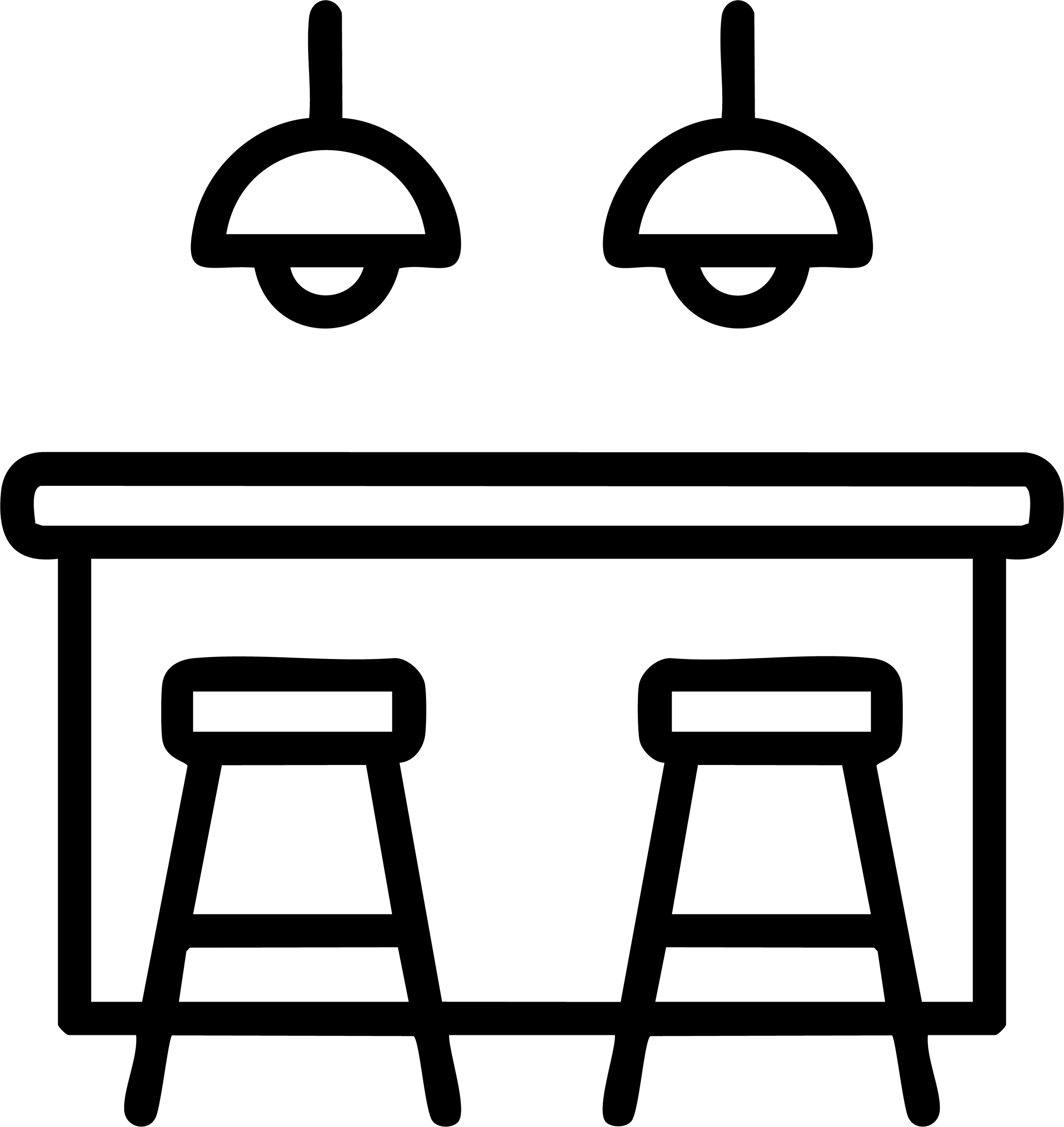 Outline drawing of a kitchen or bar area with a countertop, two bar stools, and two hanging pendant lights.