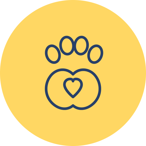 Line drawing of a dog's paw print with a heart shape inside the pad, on a yellow circular background.