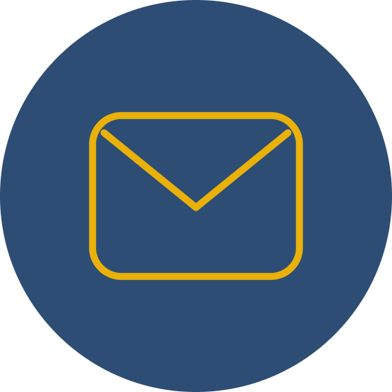 Envelope icon outlined in yellow on a dark blue circular background.