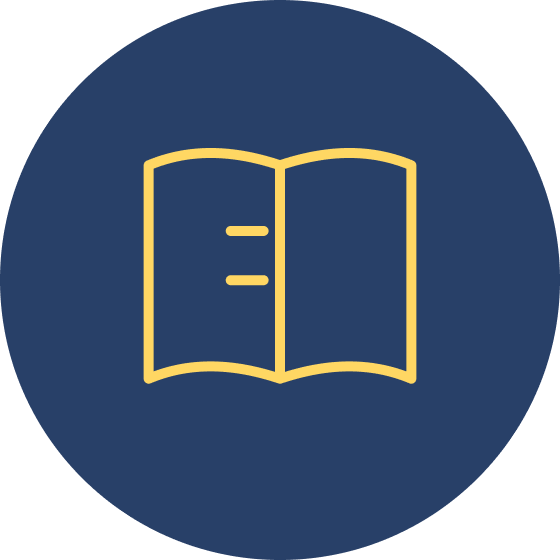 Icon of an open book with three lines on the left page, on a dark blue circular background.