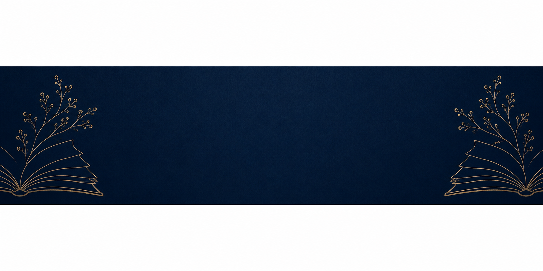 A navy blue decorative banner with gold outlines of open books and floral designs on each end.