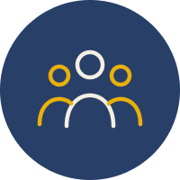 Icon of three people in a group, with a larger person in the center, on a dark blue circular background.