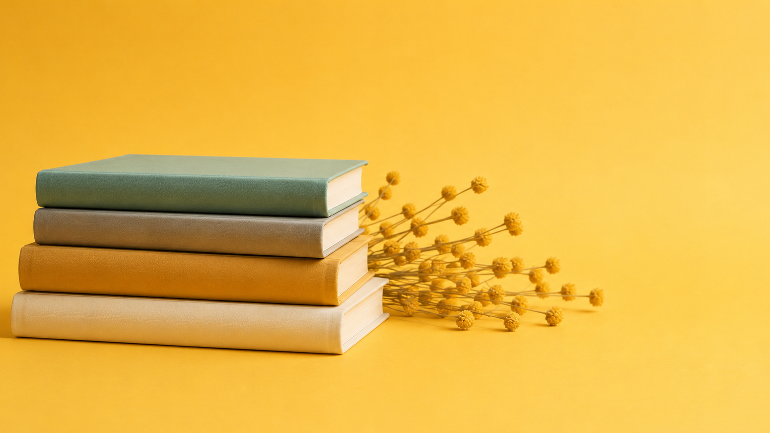 Stack of four books in pastel colors with dried yellow flowers on a yellow background.