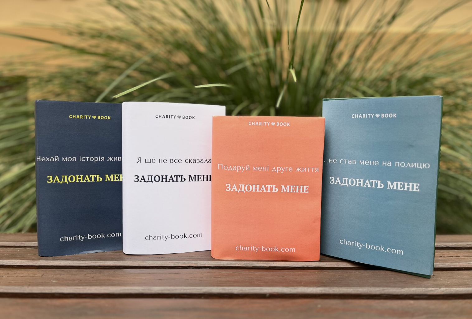 Four charity books standing on a wooden surface, with a green plant in the background. Each book has different colors: dark blue, white, orange, and teal, with text in Ukrainian and English.