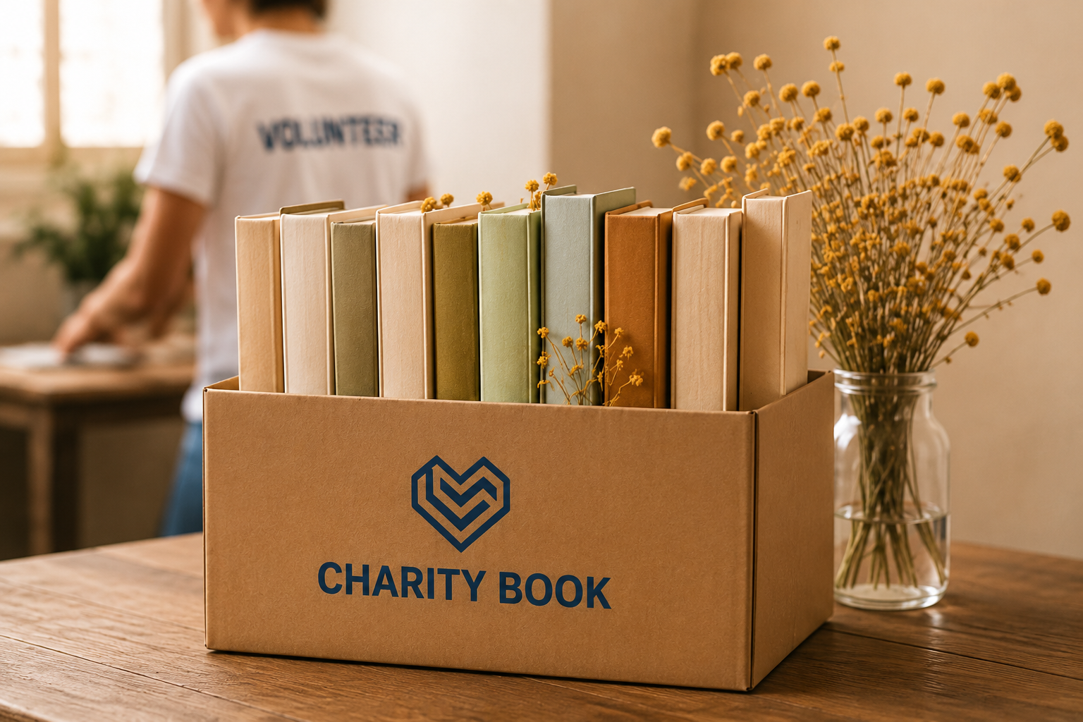 A cardboard box labeled 'Charity Book' contains colorful books on a wooden table, with a vase of yellow flowers beside it. In the background, a person wearing a white shirt with 'Volunteer' on the back is slightly blurred.