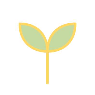 A simple illustration of a sprouting seedling with two green leaves and a yellow stem.