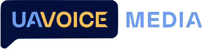Logo for UA Voice Media with 'UA Voice' in blue and yellow text inside a speech bubble and 'Media' in blue text outside the bubble.