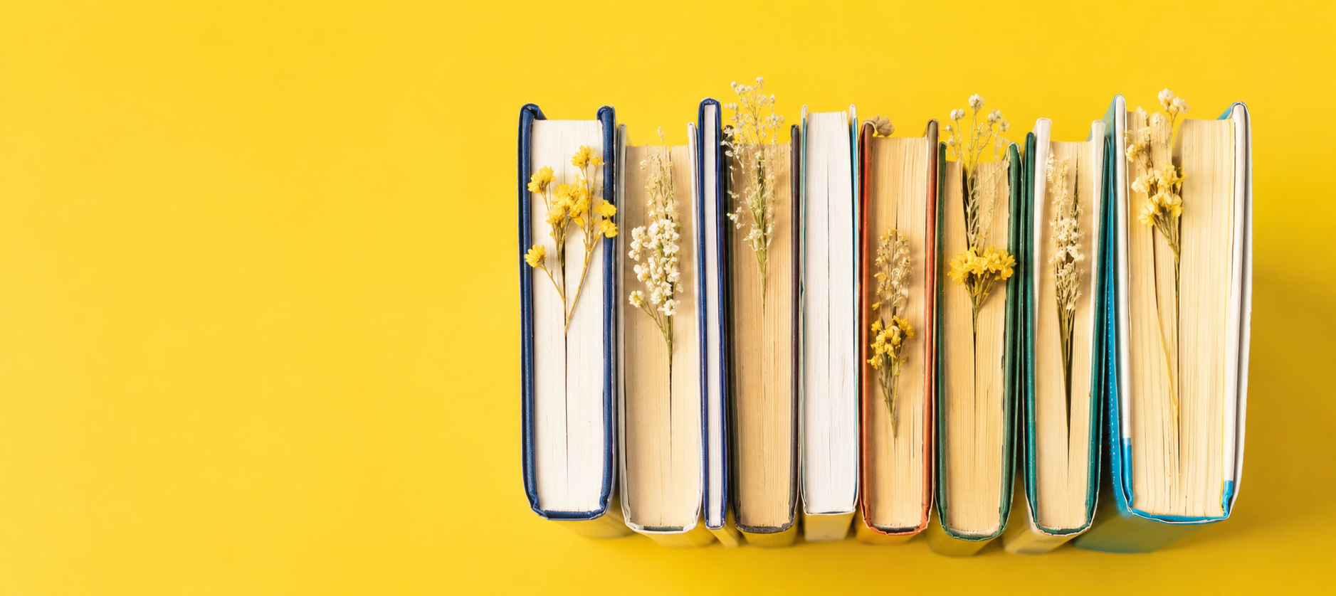 A row of books with dried flowers tucked between the pages, set against a bright yellow background.