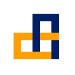 Logo with a dark blue and orange geometric design inside a black circle