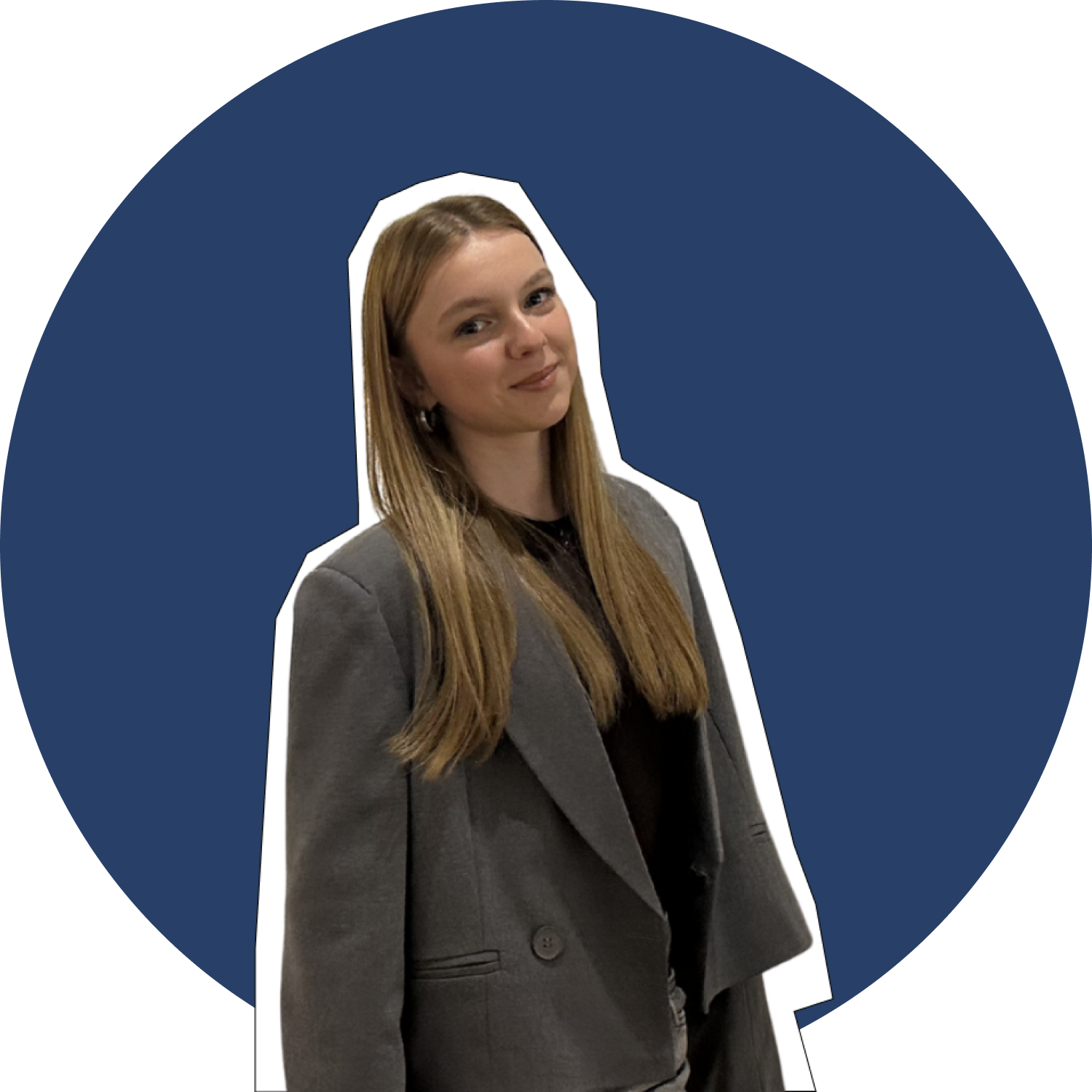 A woman with long, straight hair wearing a gray blazer and black top is smiling and looking at the camera, with a blue background.