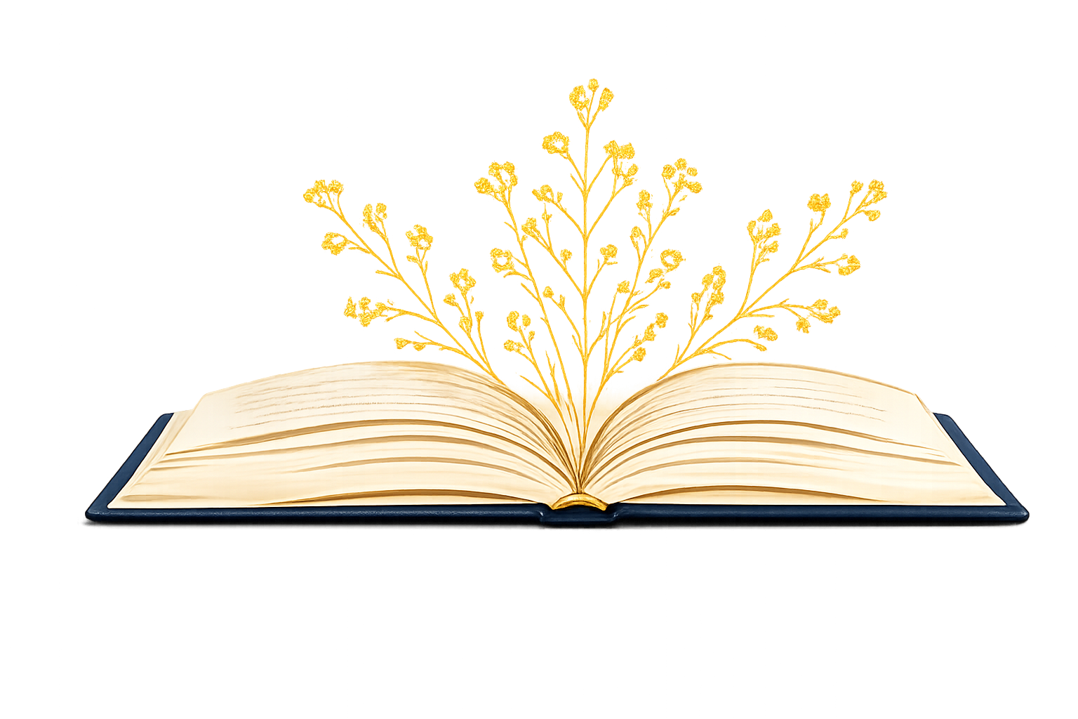 An open book with glowing yellow leaves emerging from its pages.