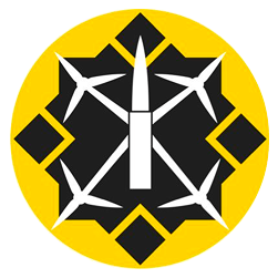 A black circle with a yellow background featuring a white central sword and six white arrows pointing outward around it, forming a symmetrical pattern.