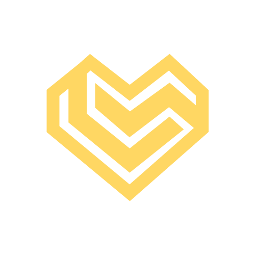 Gold geometric heart logo on black background.