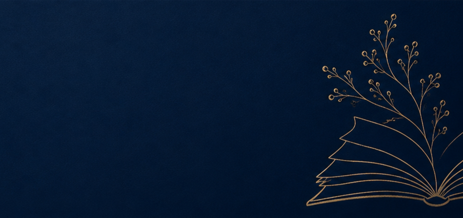 Decorative illustration of an open book with a plant growing from it, in gold lines on a dark blue background.