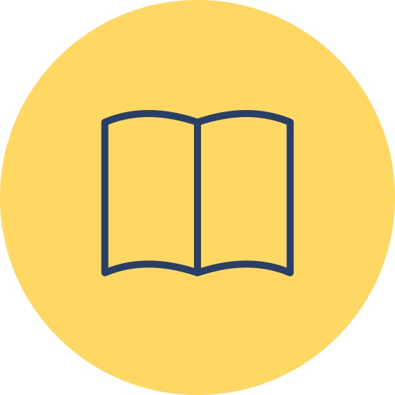 Icon of an open book on a yellow circular background.