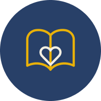 Icon of an open book with a heart in the center, on a dark blue circular background.