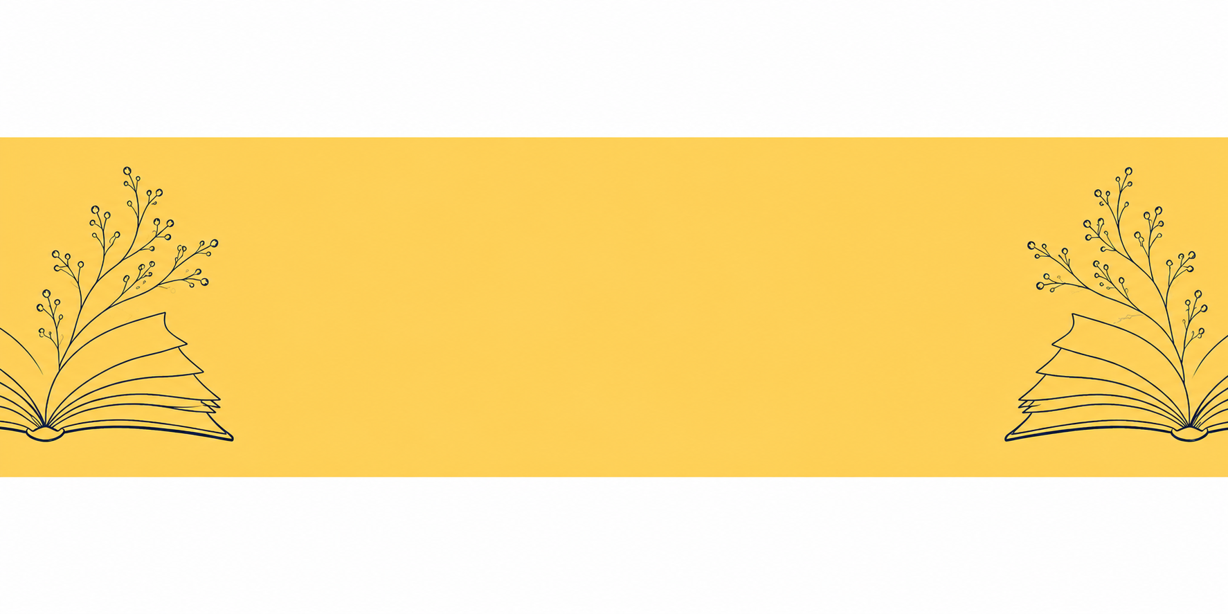Yellow banner with black outline open books and decorative branches on both ends.