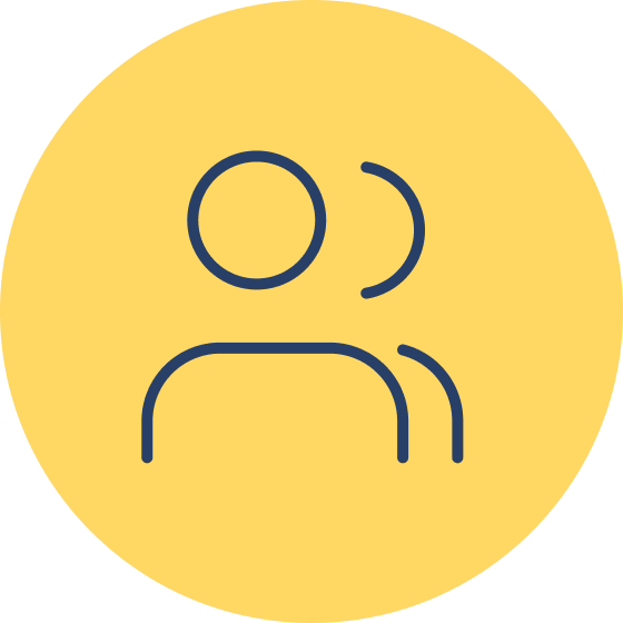 Simple icon of two people standing side by side, one slightly in front of the other, on a yellow circular background.