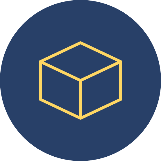 Icon of a yellow 3D cube on a dark blue circular background.