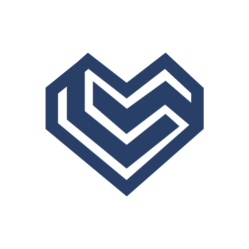A geometric logo with a heart-shaped design in dark blue on a black background.