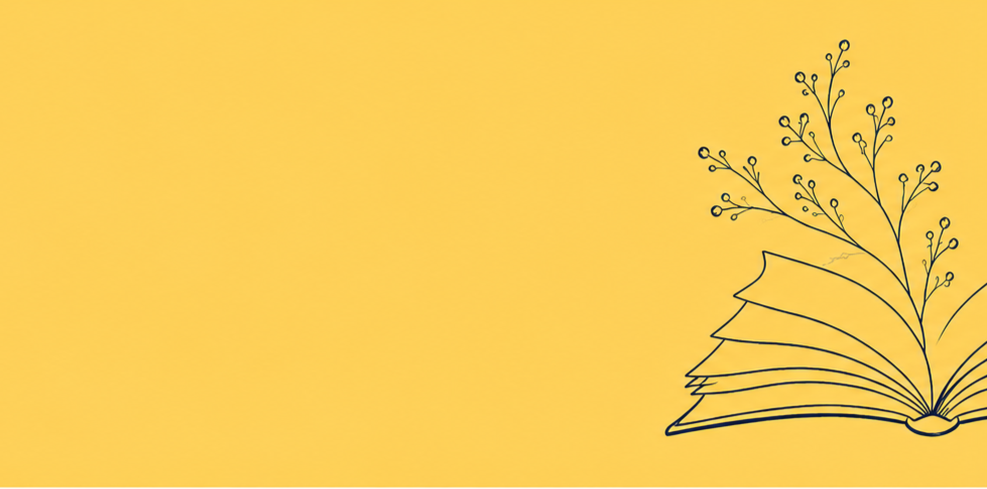 An open book with plant-like lines growing from it on a yellow background.
