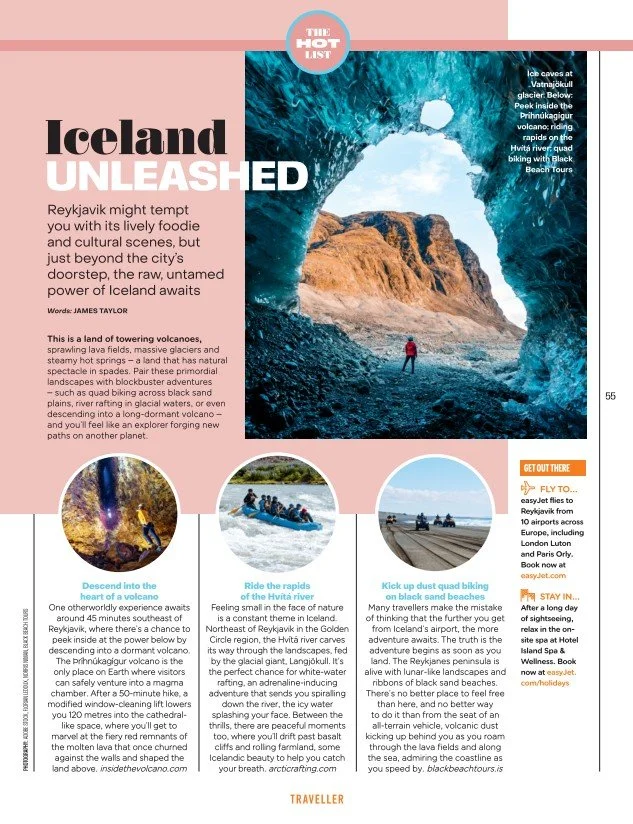 Sample of travel writing by James Taylor in easyJet Traveller Magazine, covering adventure tours and activities.