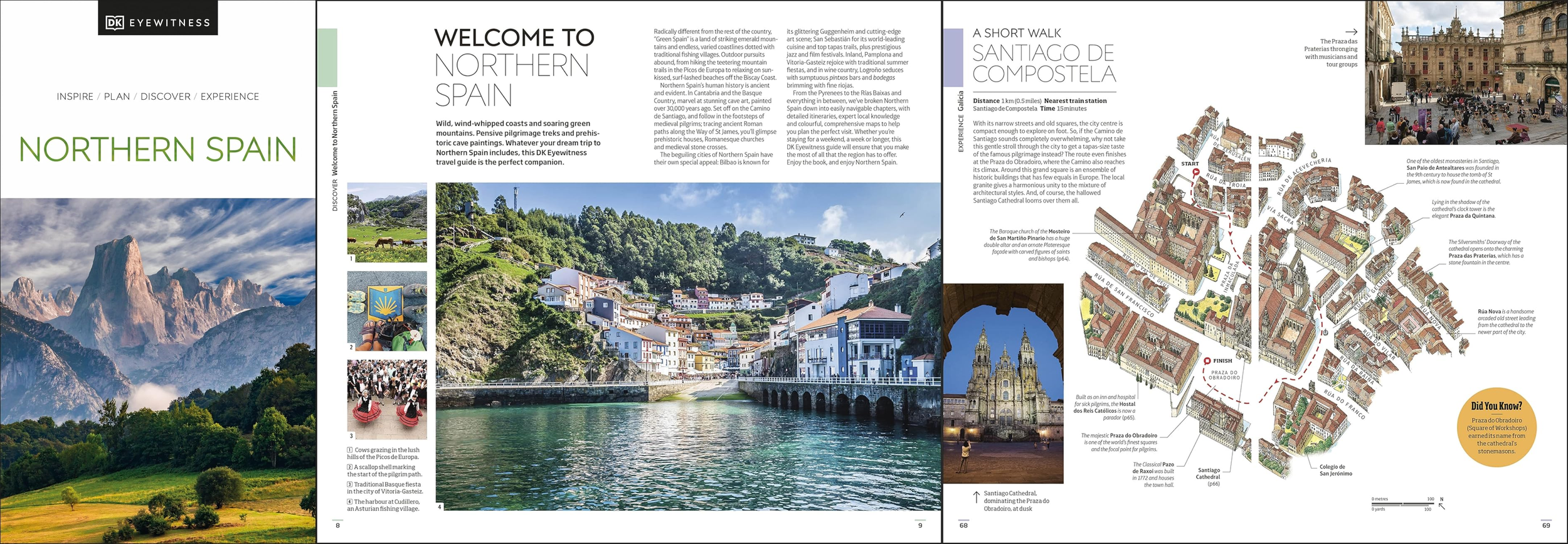 Open travel guide spread from DK Guidebooks about Northern Spain, featuring mountains, coastal villages, a map of Santiago de Compostela, and historic landmarks.