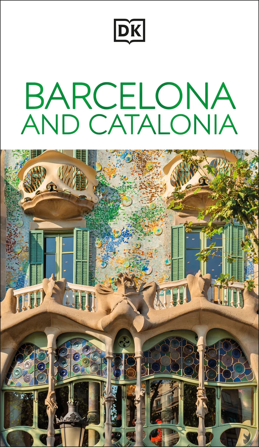 Cover of a travel guidebook for Barcelona and Catalonia, featuring an architectural detail of Park Güell in Barcelona with colorful mosaic tiles and unique organic shapes.
