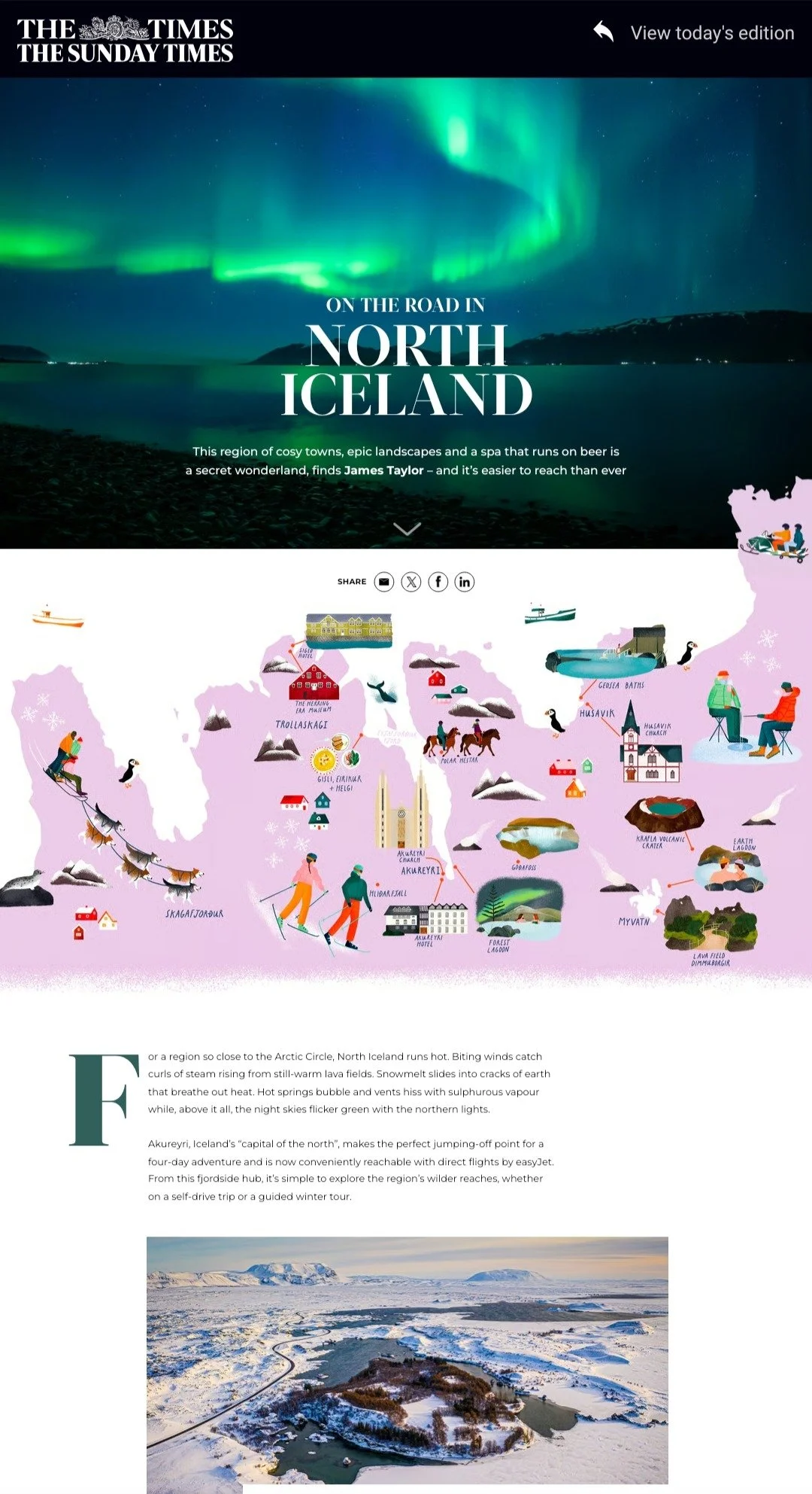 A magazine page featuring an article about traveling in North Iceland by James Taylor with images of the Northern Lights, snowy landscapes, and icons representing various activities and locations.