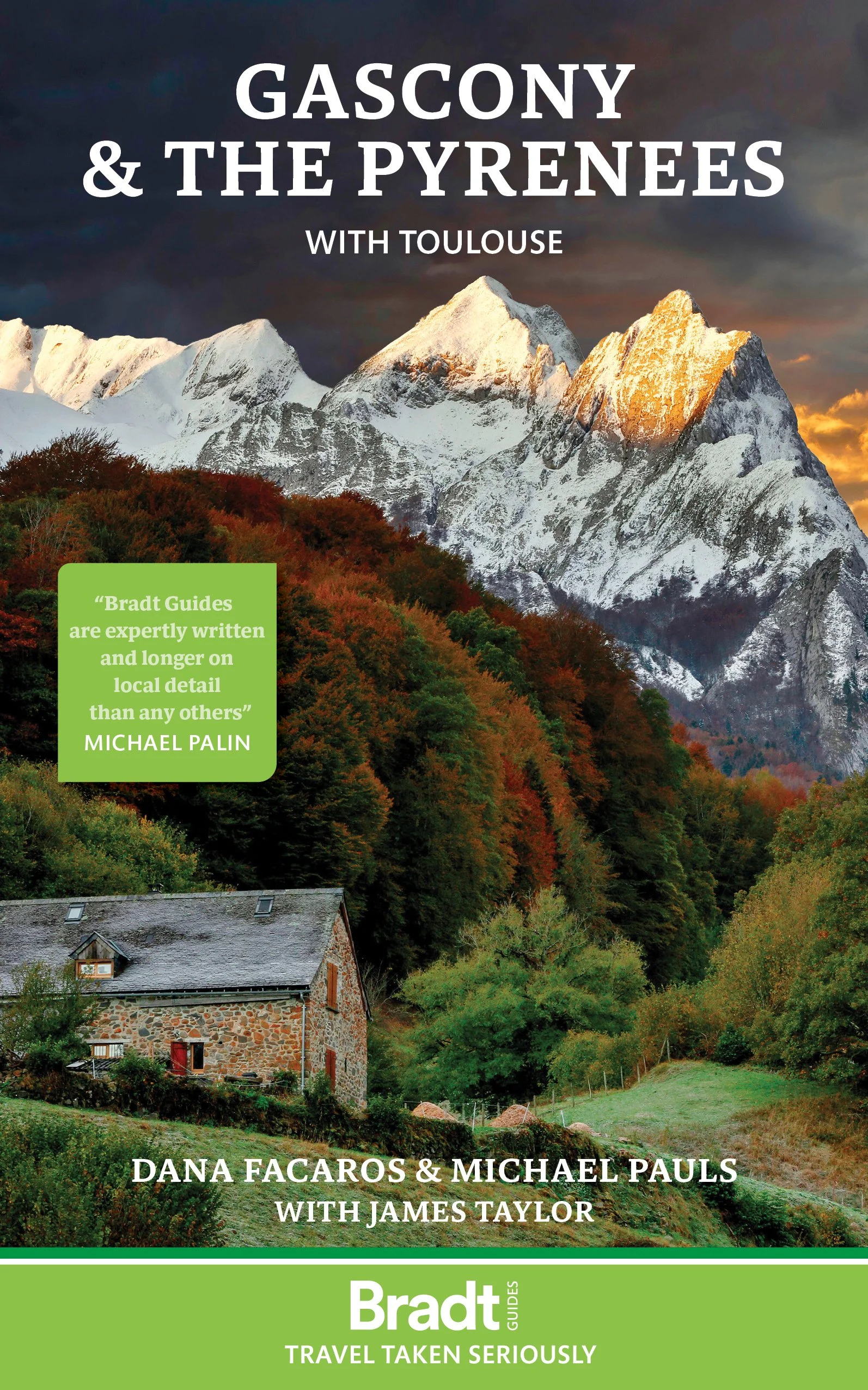 Cover of a travel guidebook titled 'Gascoy & the Pyrenees with Toulouse' featuring a scenic mountainous landscape with snowy peaks, forested slopes, and a stone house in the foreground.