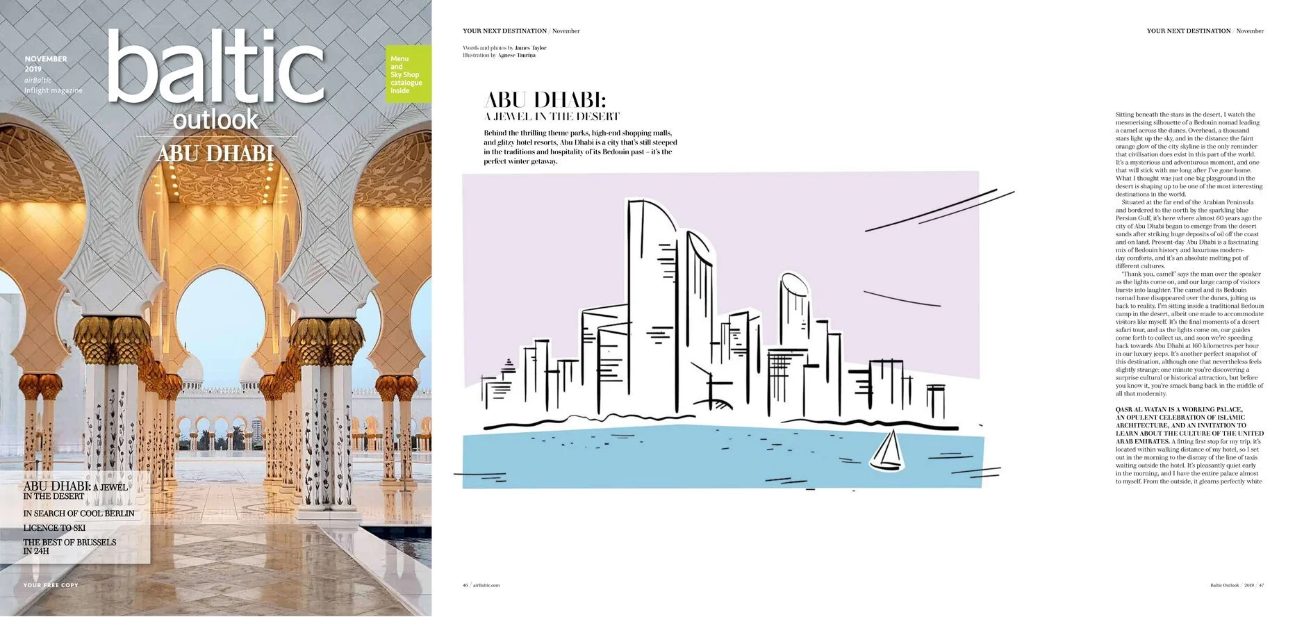 Magazine page with an image of ornate architecture with white arches and decorative columns on the left, and a line drawing of a city skyline with tall buildings, water, and a sailboat on the right.