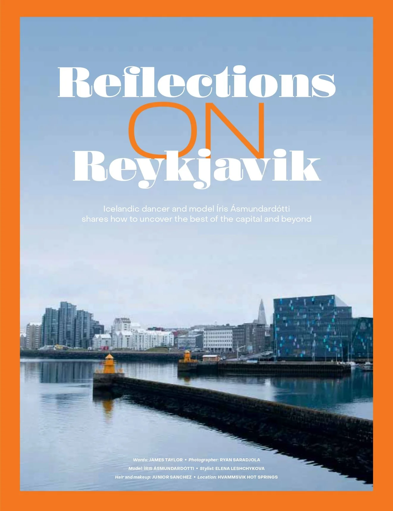 Book cover titled "Reflections on Reykjavík" with a cityscape of Reykjavík, Iceland, including modern buildings, water, and a partly cloudy sky.