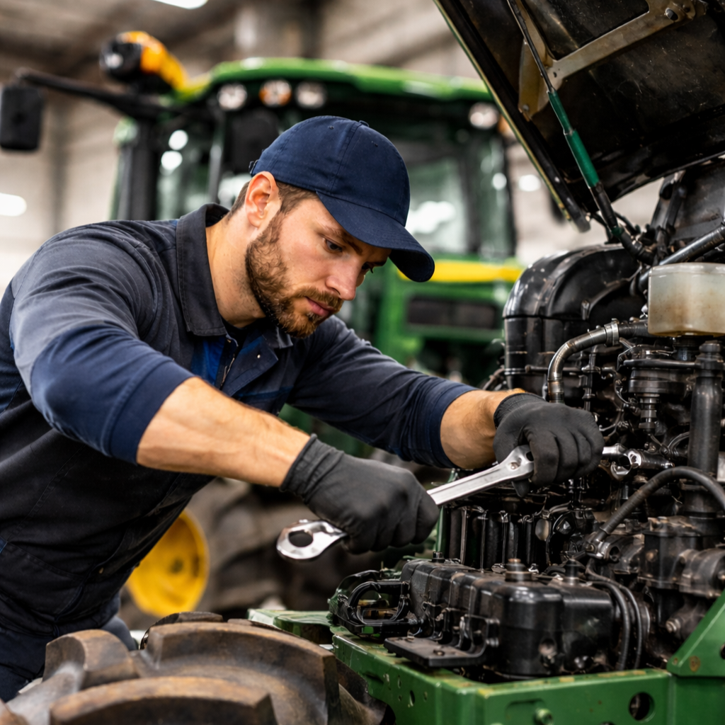 Mechanic servicing a John Deere tractor