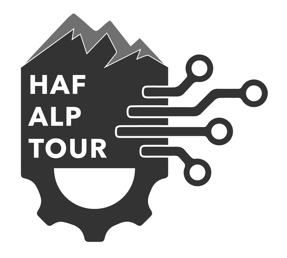 Logo des Projektes "HAF-ALP-TOUR" - Im Hintergrund sieht man Berge/Gebirgszüge in grün auf dunkelgrau, diese werden unten zu einem Zahnrad. Darüber Schriftzug "HAF-ALP-TOUR". Nach rechts führen vier Leitungen mit Ringen weg (symbolisieren Mobilität).